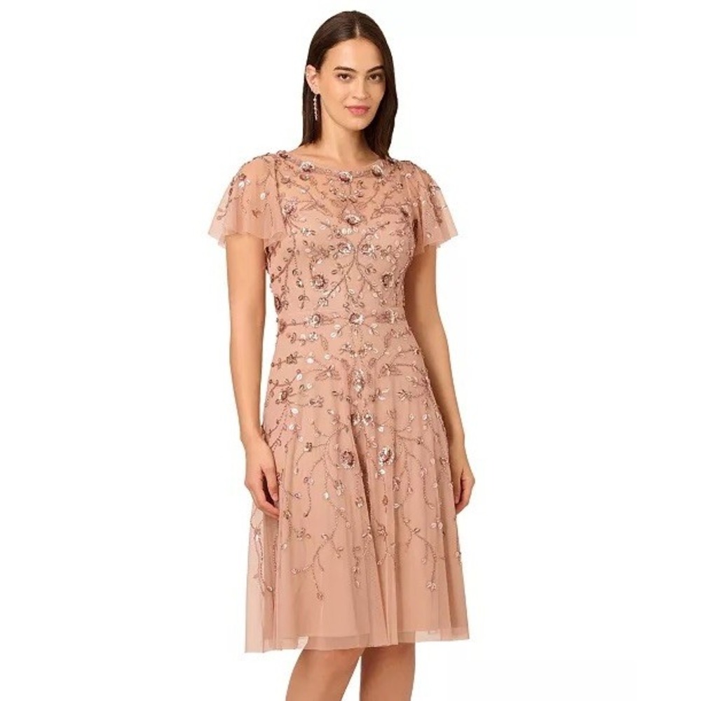 NWT Adrianna Papell Gown Womens Rose Beaded Sequin Flutter Sleeve Dress 8 $299